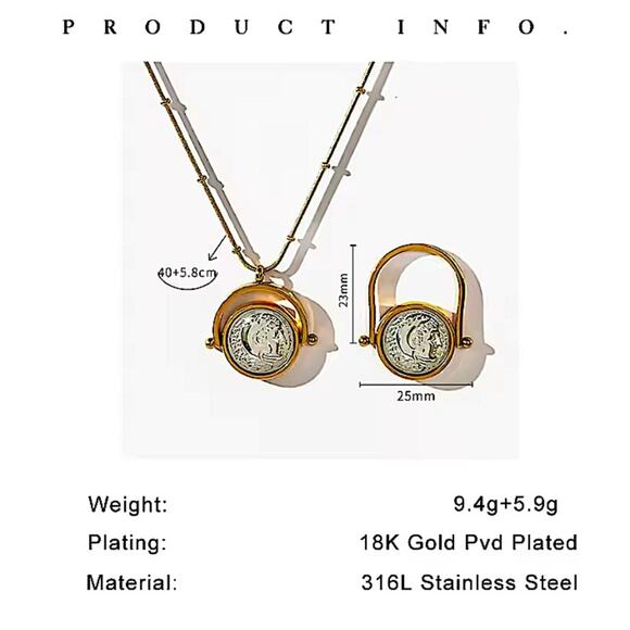 Gold Greek Roman Signet Ring Matching Necklace Set Double Sided Disc God… - Picture 8 of 14